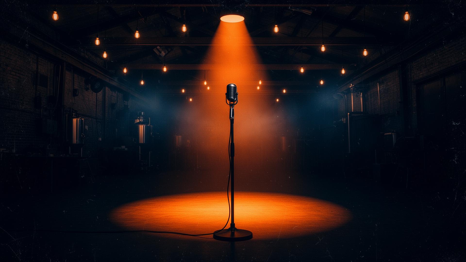 Microphone in spotlight on a brewery stage